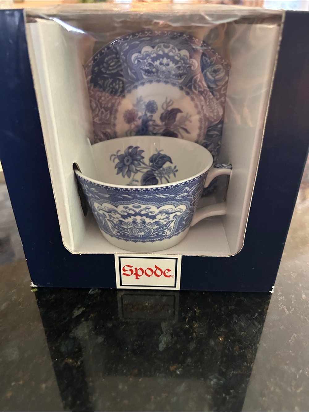 New in original box . Spode Blue and White Floral Teacup and Saucer